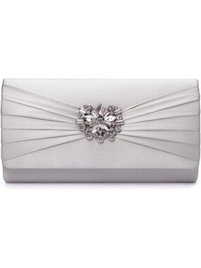 〽️Women's Silver Satin Brooch Rhinestone Clutch Detachable Chain Evening Bags